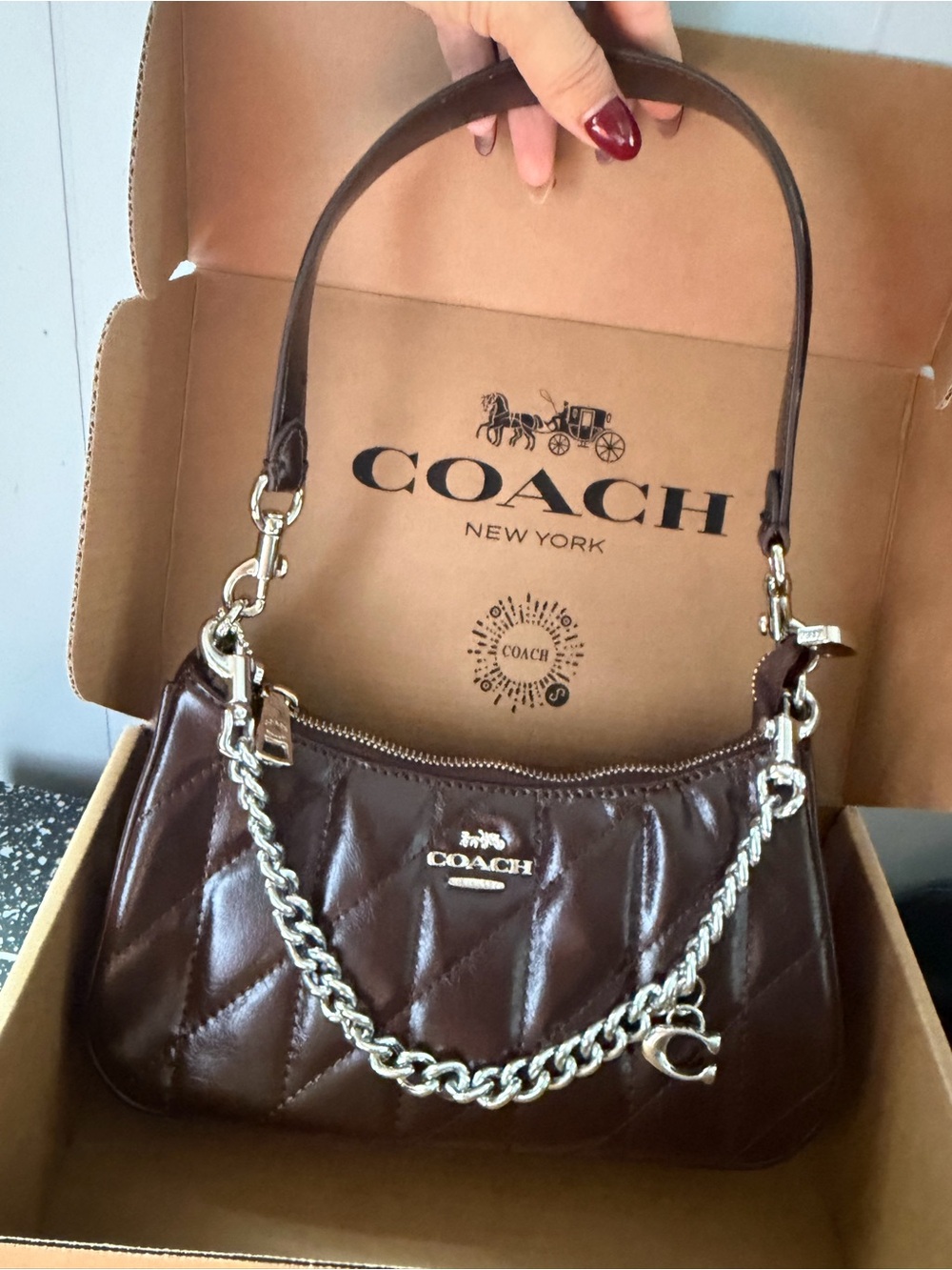 Coach Quilted Leather Shoulder Bag in Chocolate Brown with Silver Chain